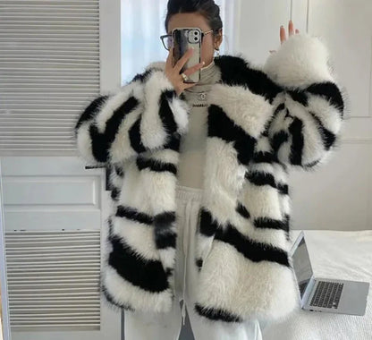 Zebra Striped Stylish Faux Fur Coat