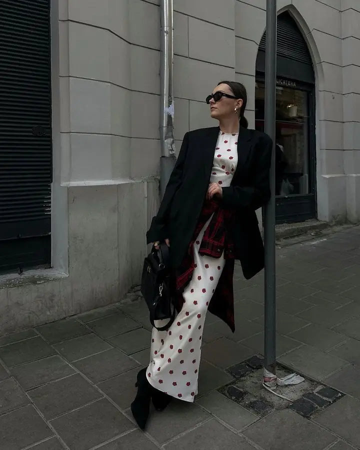 White Satin Red Flower Graceful Print Long Sleeve Maxi Dress