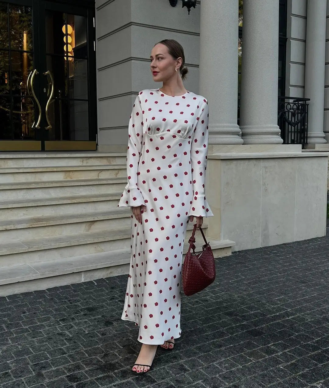 White Satin Red Flower Graceful Print Long Sleeve Maxi Dress