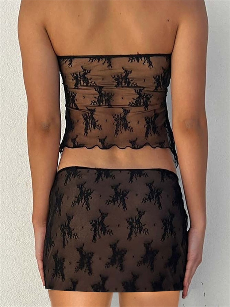 Lace Strapless Tie-Up Top Graceful and Mini Skirt Set