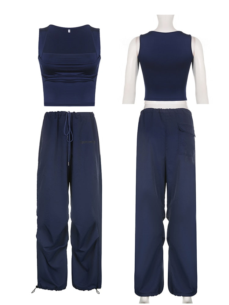 Blue Cargo Pants And Graceful Square Neck Top Set