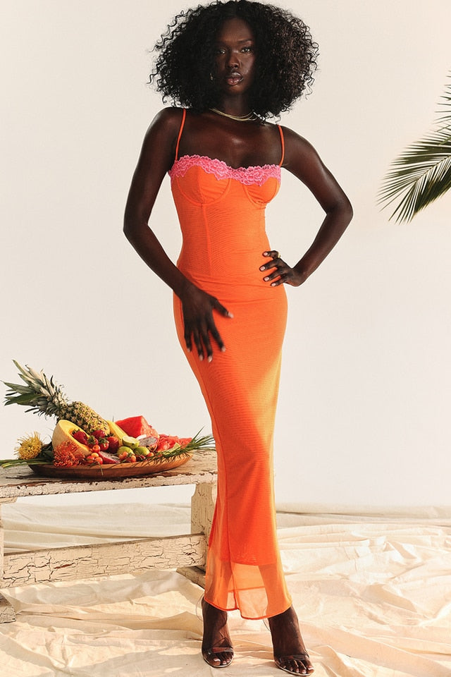 Orange Mesh Lace Charming Patchwork Cami Maxi Dress