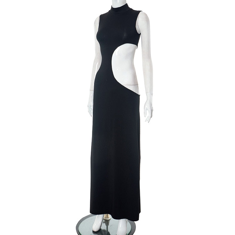 Black Mock Neck Tank Graceful Side Cut Out Maxi Dress