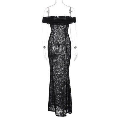 Black Sheer Lace Charming Off Shoulder Maxi Dress