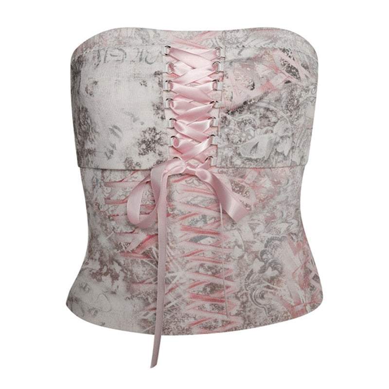 Printed Corset Pink Ribbon Tie-Up Tube Top Free From Label