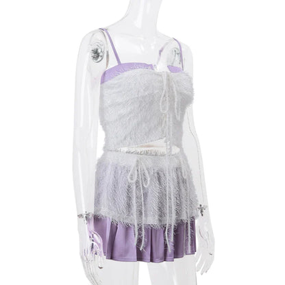 White Fur Purple Patchwork Crop Trendy Top And Mini Skirt Set