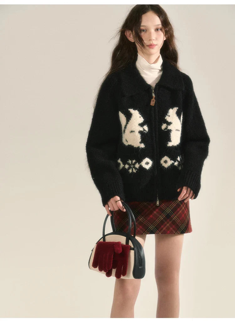 Squirrel Graphic Stylish Zipper Cardigan