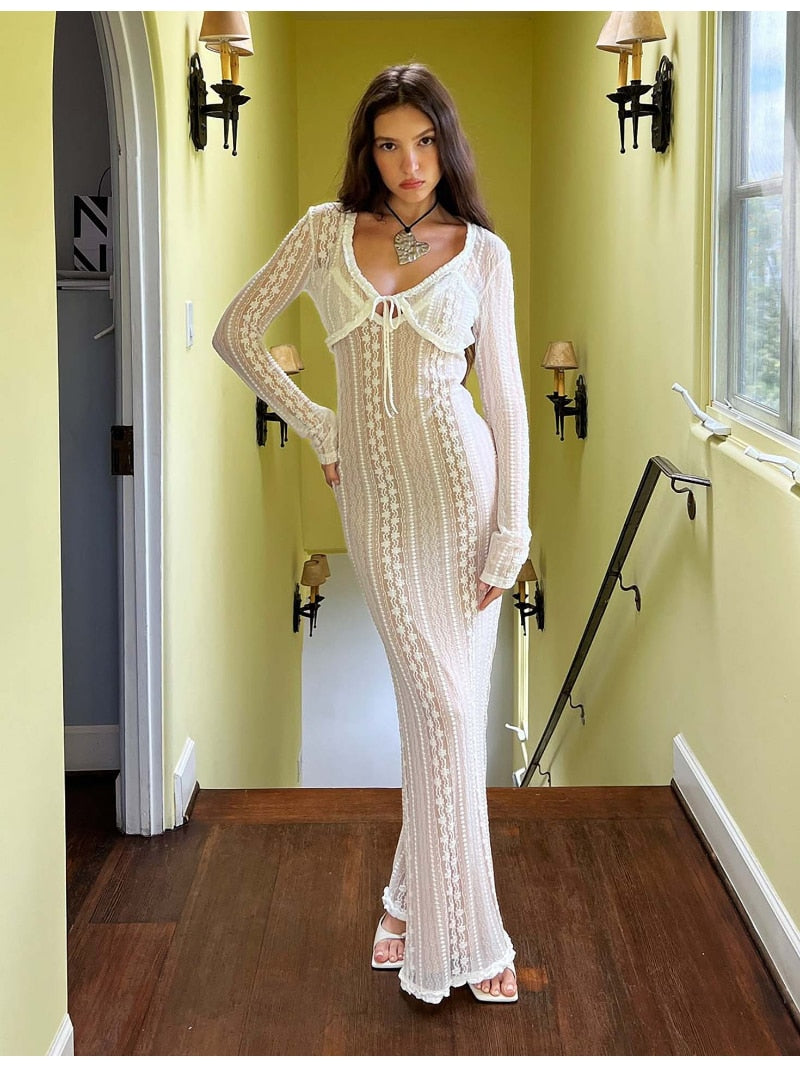 White Lace Mesh Layered Graceful Long Sleeve Maxi Dress