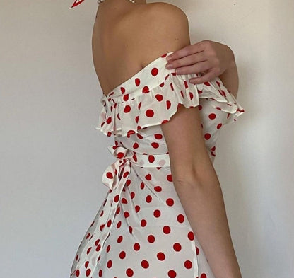 Red Polka Dot Charming Off Shoulder Maxi Dress