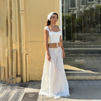 White Lace Tie-Up Top Graceful And Maxi Skirt Set