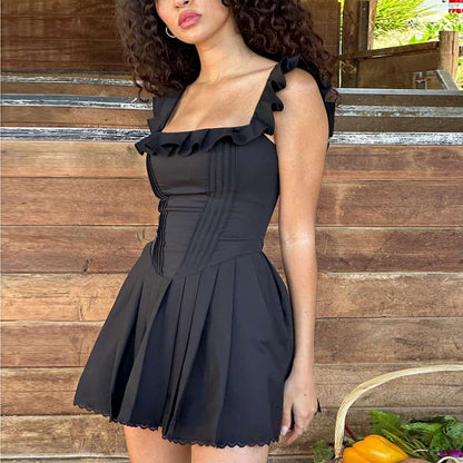 Black Corset Square Neck Graceful Frill Strap Mini Dress