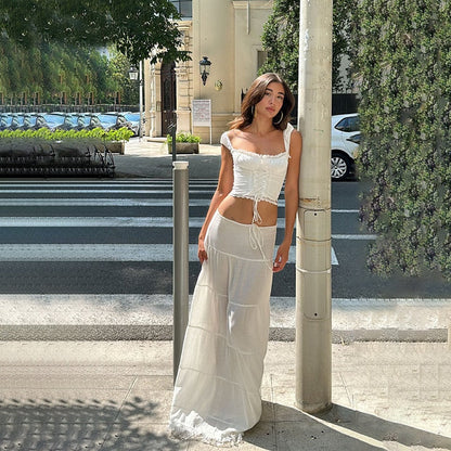 White Lace Tie-Up Top Graceful And Maxi Skirt Set