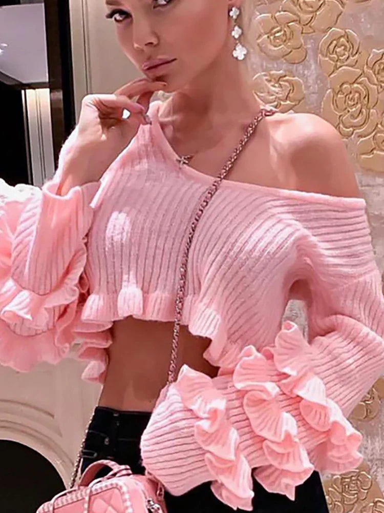 Pink Ruffles Stylish Knit Crop Top