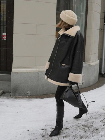 Black Faux Leather Charming Fur Lining Coat