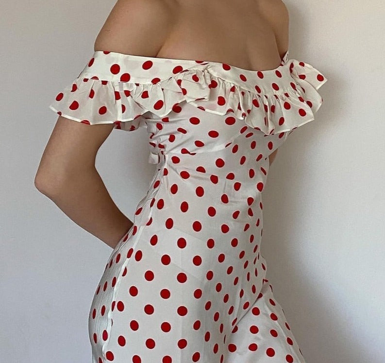 Red Polka Dot Charming Off Shoulder Maxi Dress