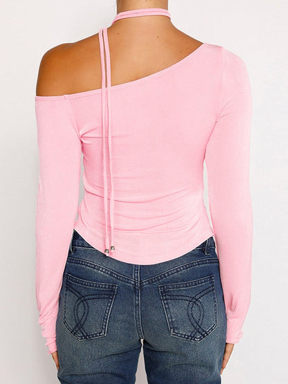 Pink Long Sleeve Charming Strap Tie Around Top