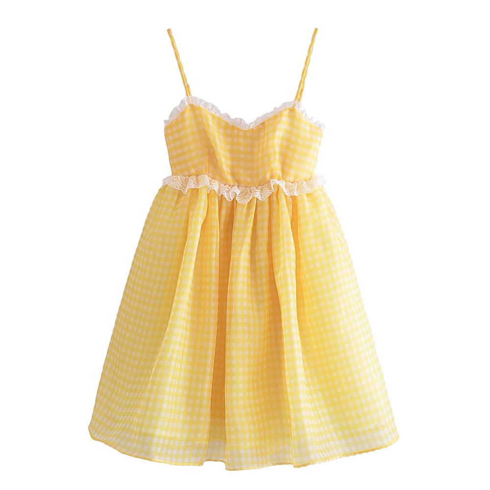 Yellow Plaid Puff Babydoll Mini Dress Free From Label