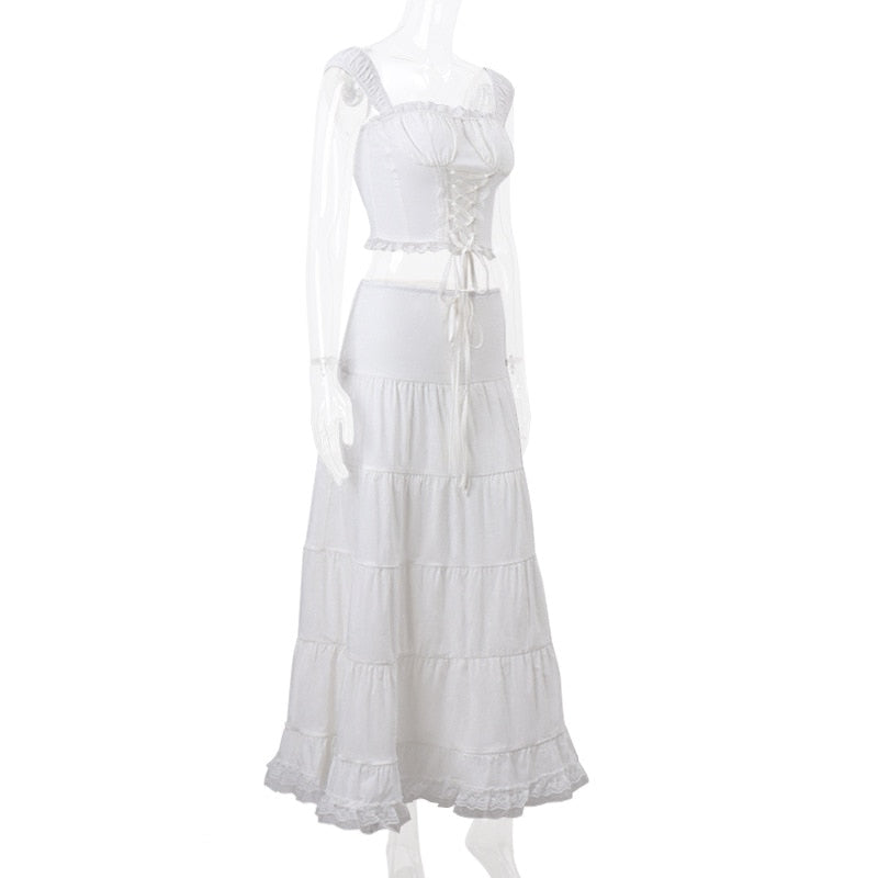 White Lace Tie-Up Top Graceful And Maxi Skirt Set