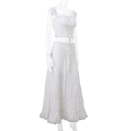 White Lace Tie-Up Top Graceful And Maxi Skirt Set