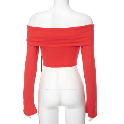 Red Off-shoulder Bow Charming Long Sleeve Top