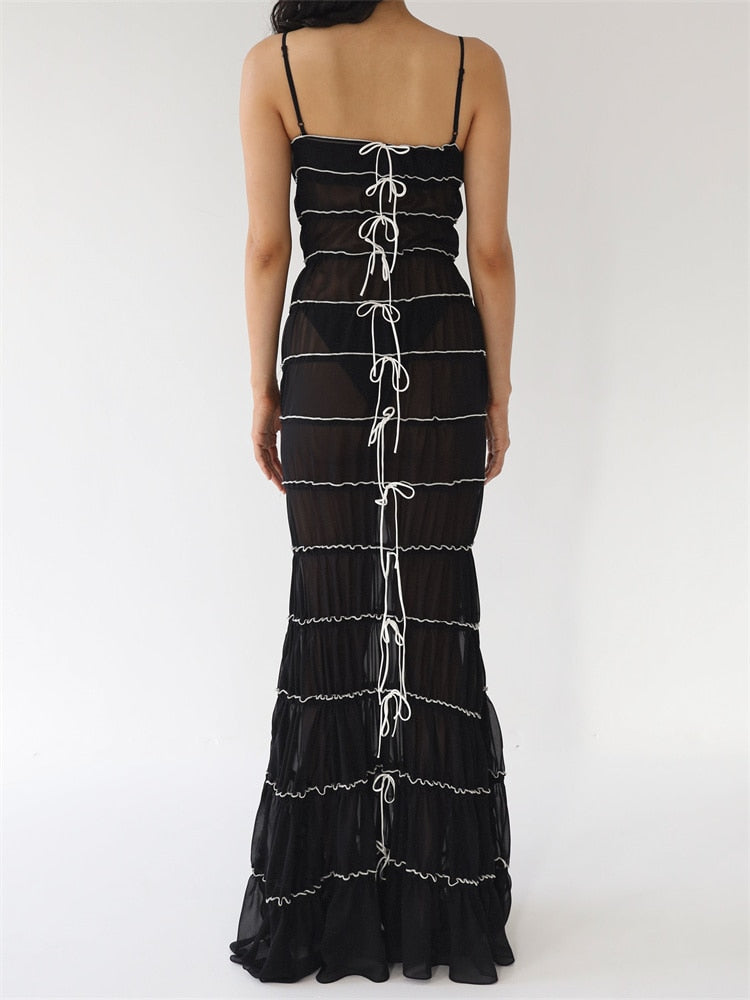 Black Bow Scrunched Charming Ruched Maxi Mesh Dress