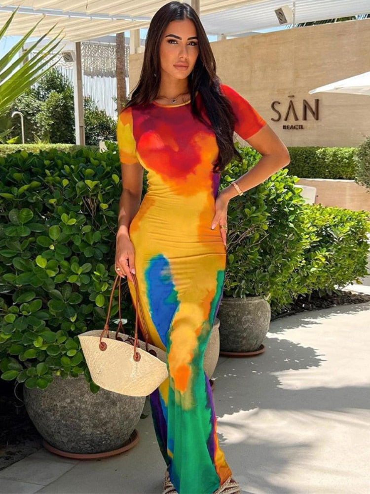 Short Sleeve Rainbow Tie Dye Print Maxi Dress - Free From Label