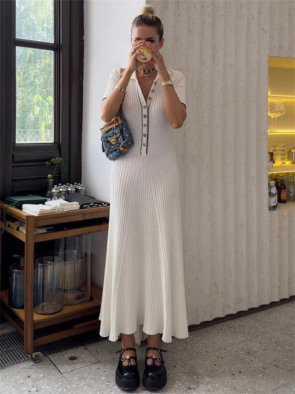 Knit Short Sleeve Charming Collar Maxi Dress