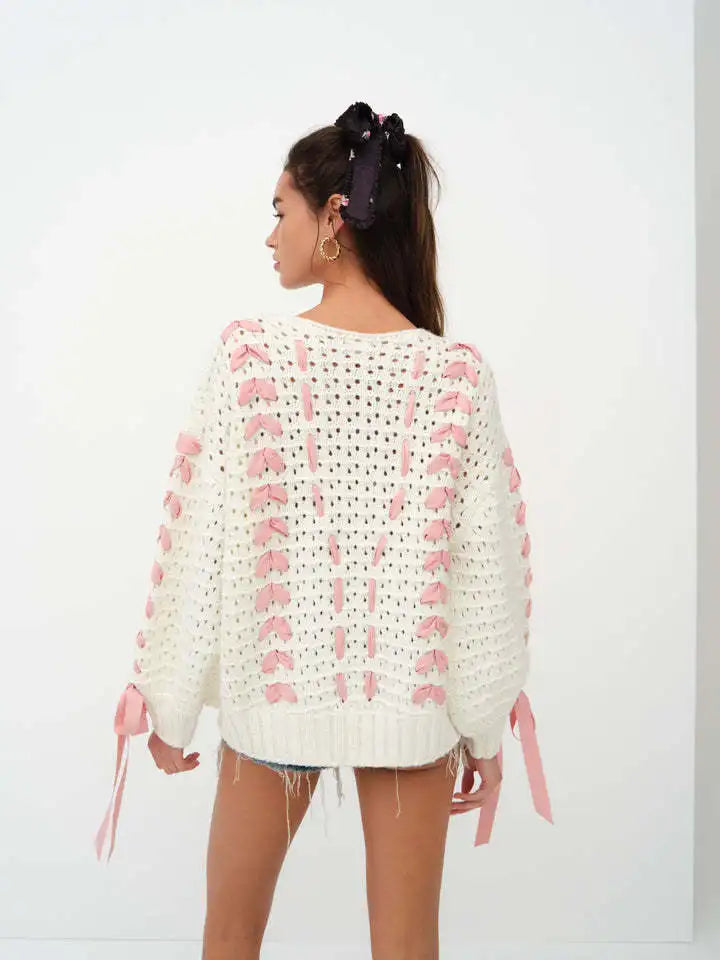 White Knit Pink Charming Ribbon Lace Up Sweater