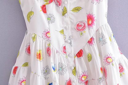 White Flower Print Charming Short Sleeve Mini Dress