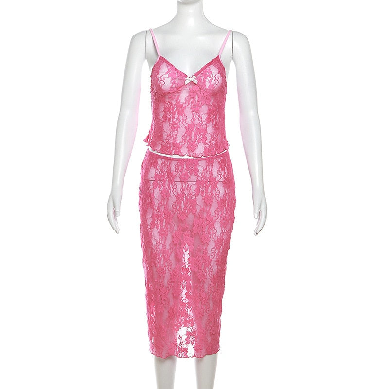 Pink Lace Sheer Cami Graceful Top And Midi Skirt Set