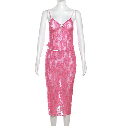 Pink Lace Sheer Cami Graceful Top And Midi Skirt Set