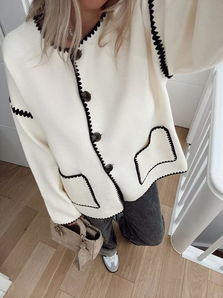 White Black Contrast Charming Seam Buttoned Coat Jacket