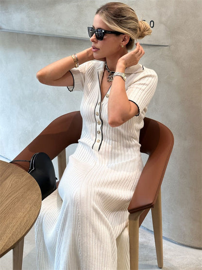 Knit Short Sleeve Charming Collar Maxi Dress