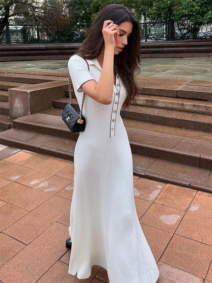 Knit Short Sleeve Charming Collar Maxi Dress