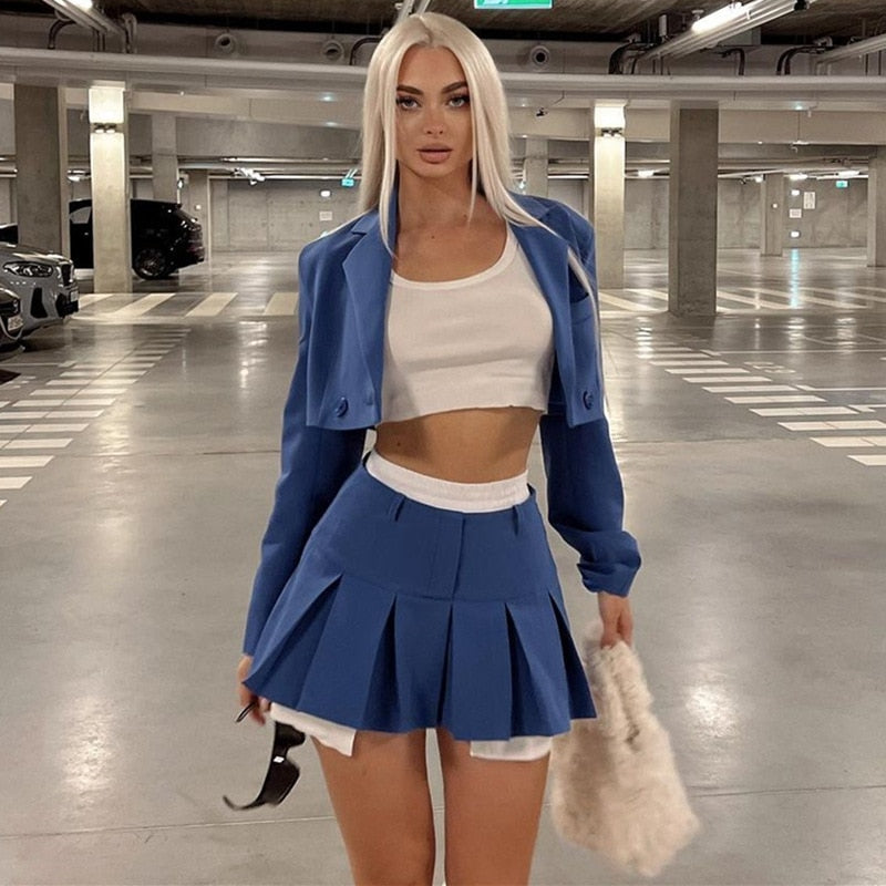 Cropped Blazer And Charming Pleated Mini Skirt Set