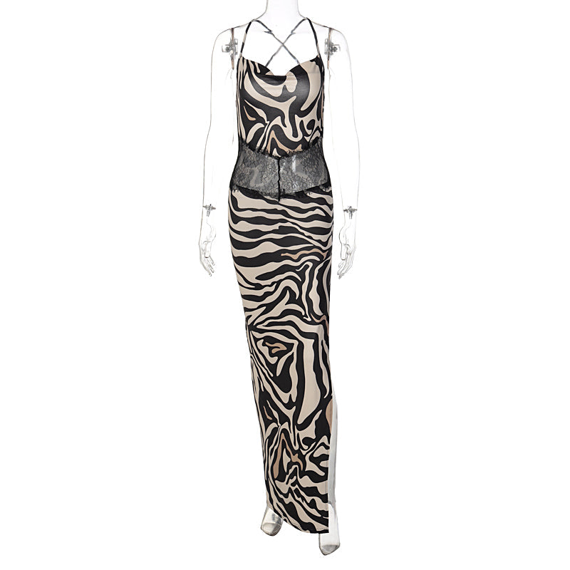 Zebra Print Mesh Cut Graceful Out Slit Maxi Dress