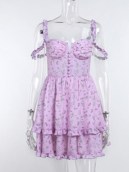 Purple Floral Stylish Frill Summer Dress