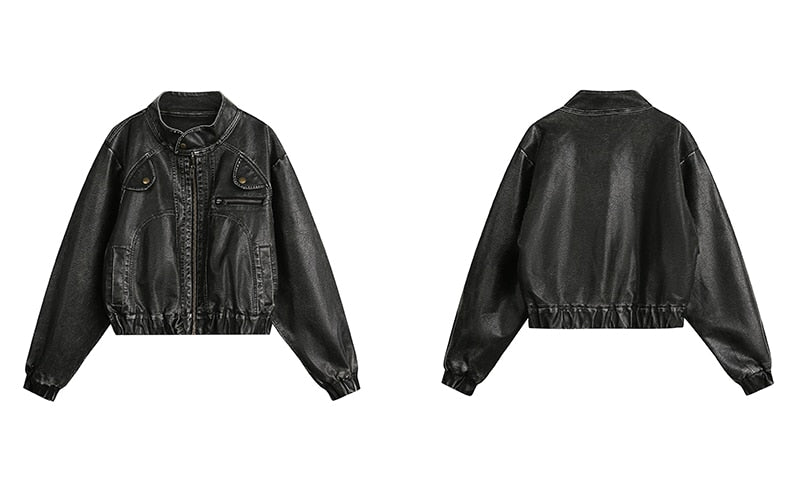 Zipper Waxed Effect Bomber Faux Leather Jacket - Free From Label