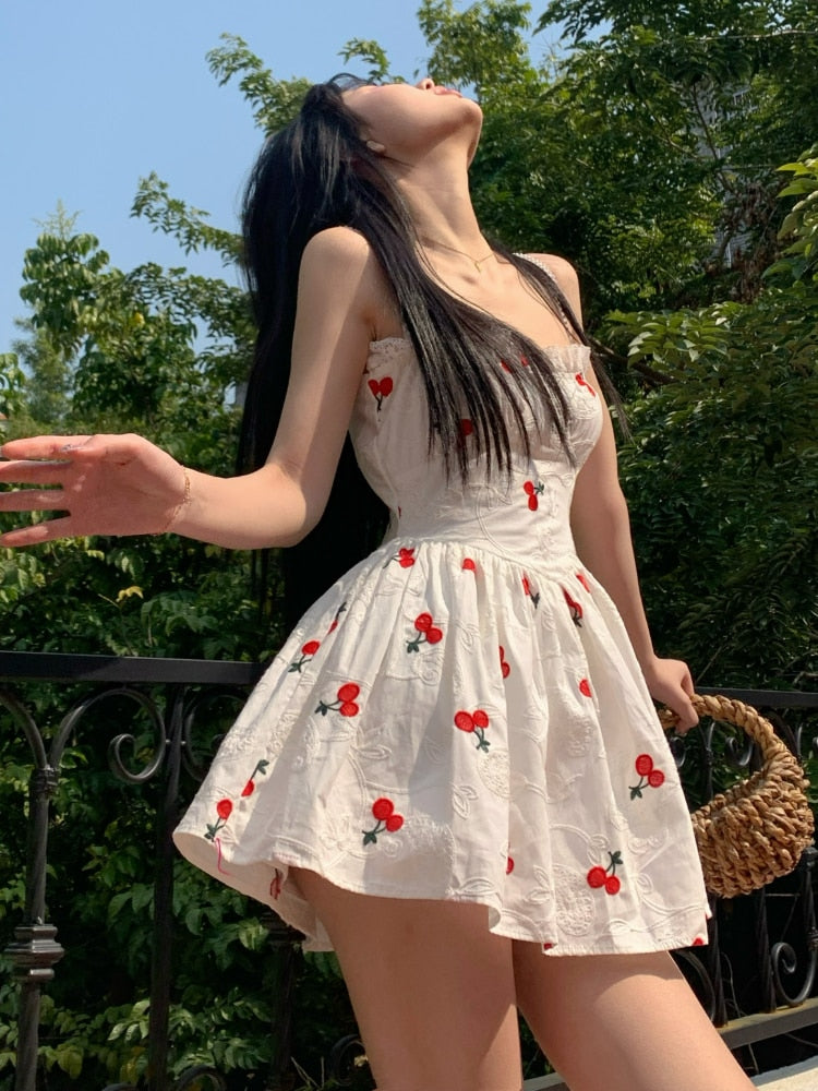 White Cherry Print Charming Skater Mini Dress