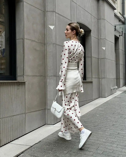 White Satin Red Flower Graceful Print Long Sleeve Maxi Dress