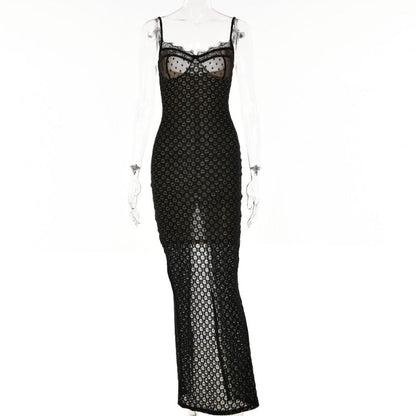 Black Polka Dot Lace Graceful Sheer Cupped Maxi Dress