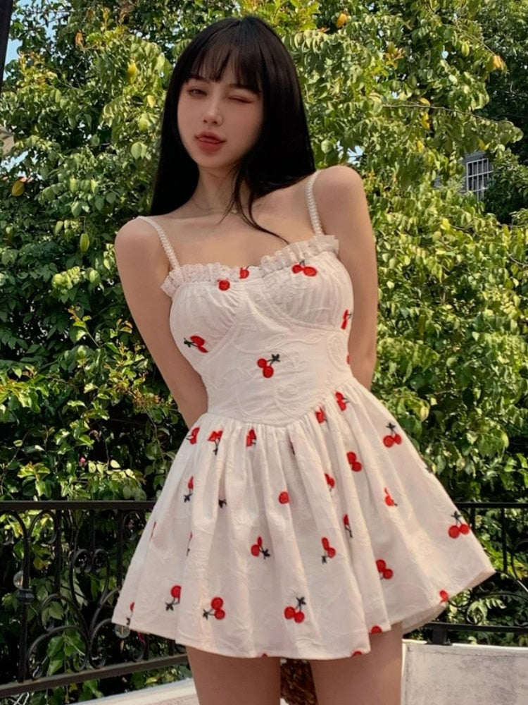 White Cherry Print Charming Skater Mini Dress