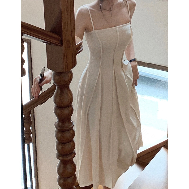 Spaghetti Strap Elegant Casual Midi Women Summer Dress Sleeveless Vintage A-Line Party Vestidos Femme Fashion Robe Clothes