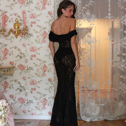 Black Sheer Lace Charming Off Shoulder Maxi Dress