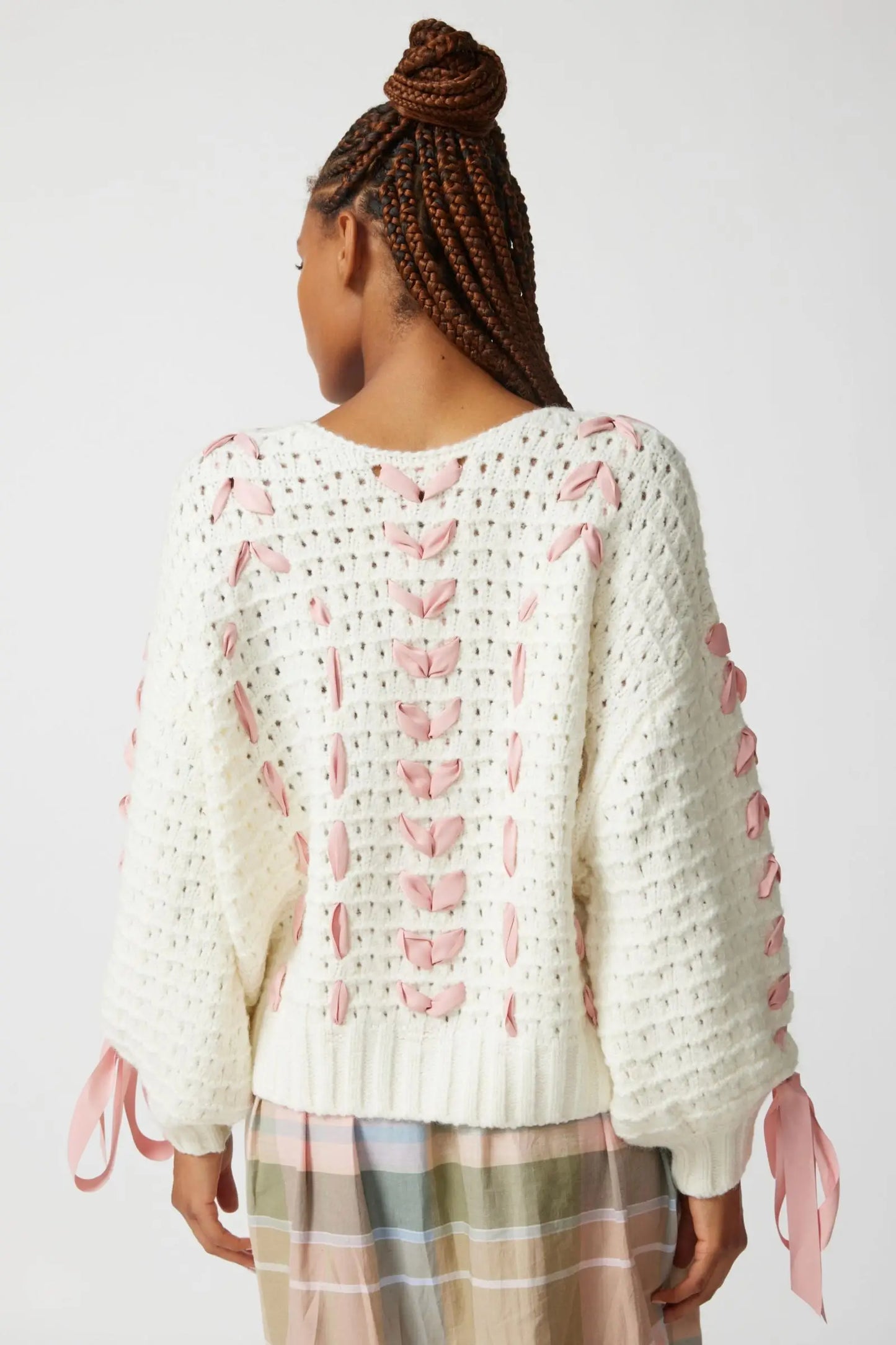 White Cabel Knit Charming Pink Ribbon Bow Sweater