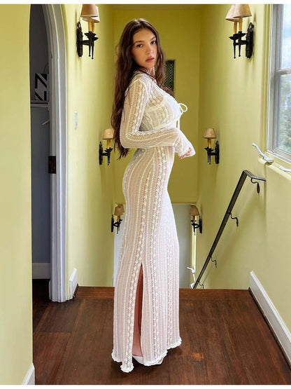 White Lace Mesh Layered Graceful Long Sleeve Maxi Dress