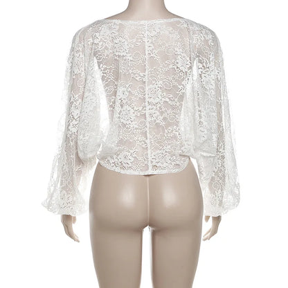 White Sheer Lace Knot Graceful Long Sleeve Crop Blouse