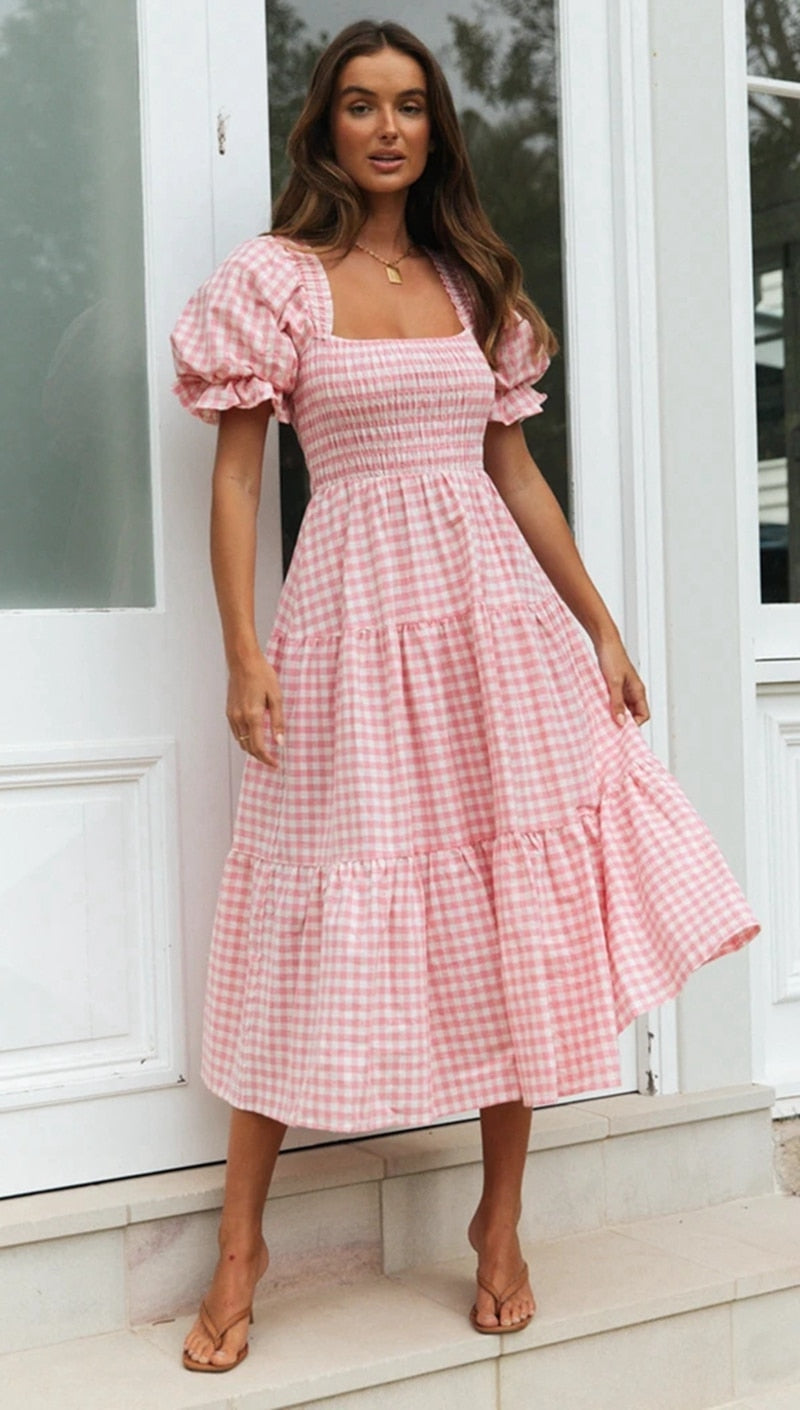 Plaid Puff Sleeve Midi Dress - Free From Label