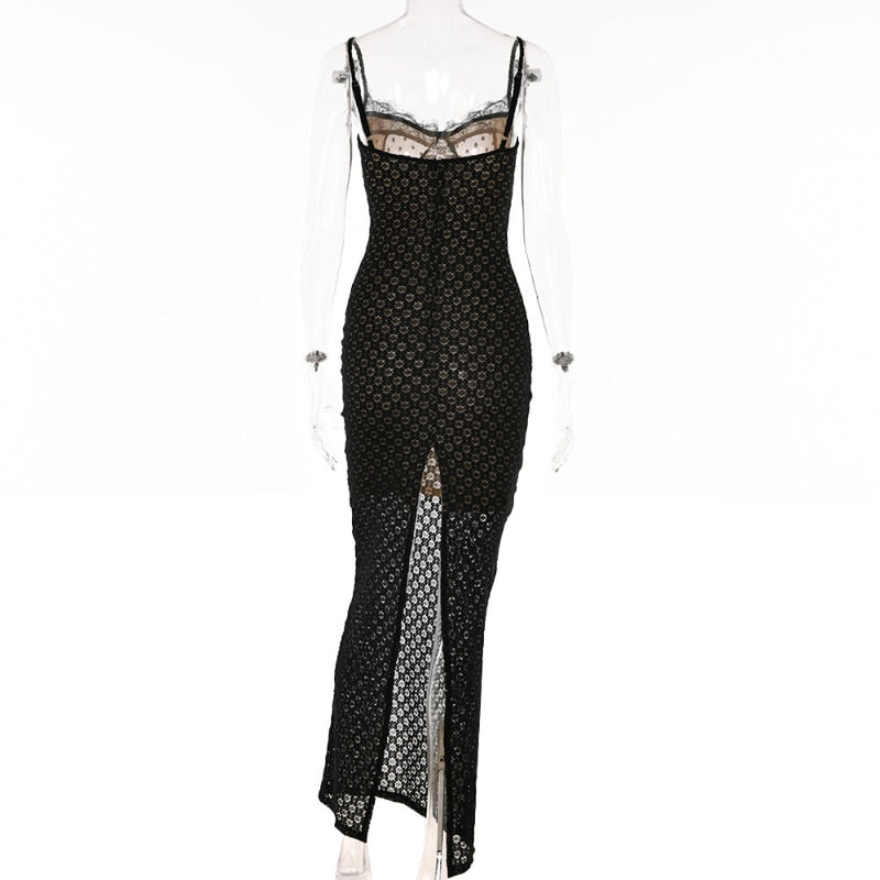 Black Polka Dot Lace Graceful Sheer Cupped Maxi Dress