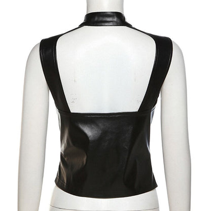 Black Pu Leather Charming Moto Zipper Tank Top